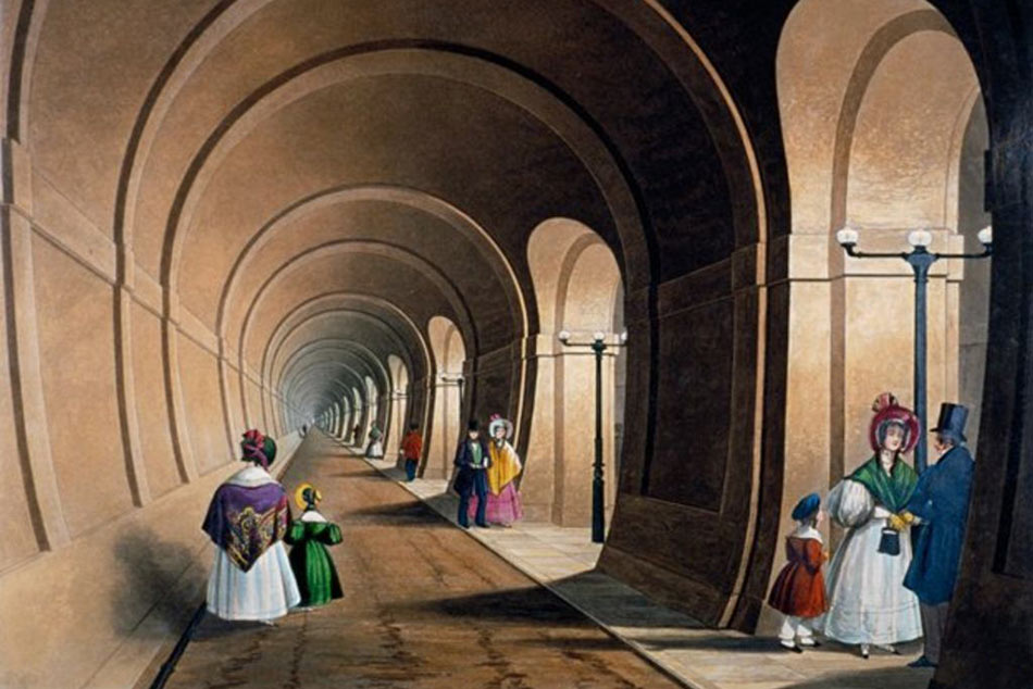 Tizennyolc év megfeszített munka eredményeként a londoni Thames Tunnel alagutat 1843. július 26-án az ifjú Viktória királynő és Albert herceg avatta fel.